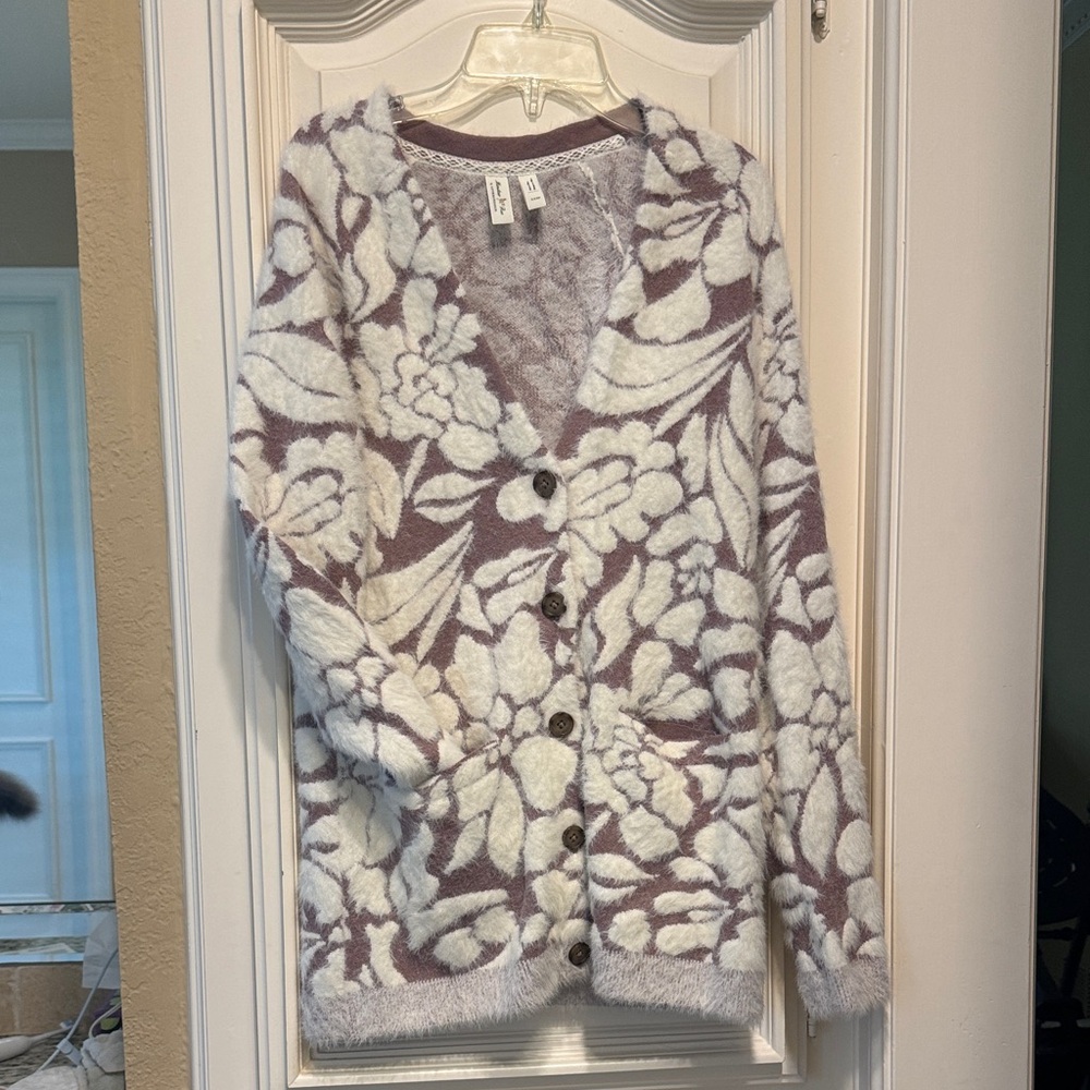Anthropologie Cream and Purple Floral Cardigan